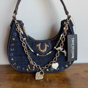 New True Religion Blue Denim Hobo Shoulder Handbag Wings Studded Beaded Charms